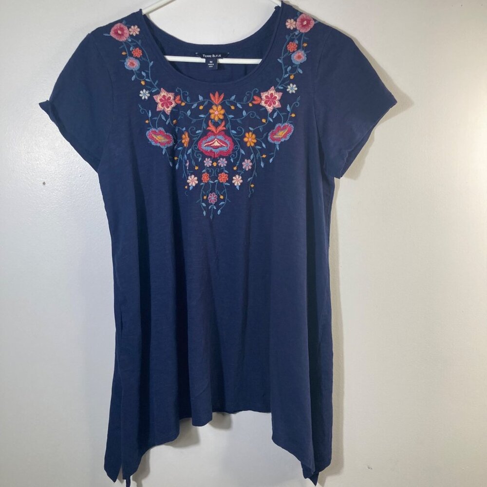 Womens Terre Bleue Floral Embroidered Top Asymmetrical M‎ Navy Cotton